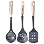 Bergner Centro 3 Pcs Nylon Kitchen Tool Set, 1 Slotted Turner, 1 Ladle and 1 Skimmer, Non-Toxic, Food Safe, Comfortable Grip – Black