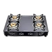 Bajaj Ultra 4 Burner Gas Stove | 6 MM Toughened Glass top with Charcoal Finish Powder Coasted Frame | 4 Brass Burners | 1-Yr Warranty * by Bajaj 【Black】