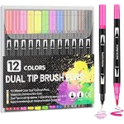 Corslet 12 Pcs Dual Tip Brush Pens Felt Tip Pen Set 12 Colors, Colouring Pens Art Markers for Kids and Adults, Colouring Book, Art Supplies Fineliner Tip Brush Marker for Drawing Sketching