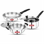 Butterfly Classic Stainless Steel Cookware 5 Pcs Set|Fry Pan 22Cm(1.4L)|Kadai 22Cm(2.2L)|Saucepan 16Cm(1.6L) with Steel Lids|Induction Base,Triply Bottom|Even,Fast Cooking with Less Oil,Silver