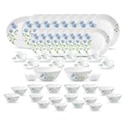 La Opala Diva Classique Collection Opal Glass Crockery | for Family of 8 | Dinner Set 53 pcs Blue Daisy | Plates, Bowls & Cups for Dining | Microwave Safe | 100% Vegetarian | Extra Strong | White