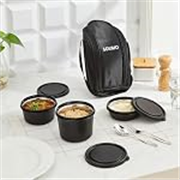 Solimo Lunch Box Set with Bag (Office, School & Travel) | 3 Steel Inner Containers (250 ml, 400 ml, and 550 ml) with Cutlery | Microwave Safe | Leakproof – Black