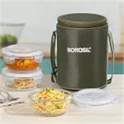 Borosil Eateasy Borosilicate Glass Lunchbox with Bag | 3 pc Round Container Set (400 ml Each) | Microwave & Dishwasher Safe, Leakproof | Tiffin for Office, School, College | Transparent
