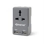 Spartan 3 Pin All Multiplug Charger/Travel Adapter, 10A Power Sockets / 2Pin & 3Pin Socket Adapter with Dual USB Charging Port (Grey, Pack of 1)