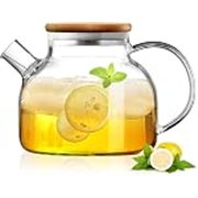 Glass Tea Pot Kettles Stovetop Safe, 1000ml Heatproof Borosilicate Glass Teapot Water Pitcher with Bamboo Lid and Removable Filter Spout for Loose Leaf and Blooming Tea 1 Pcs