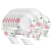 Larah by Borosil Red Mist Fluted Series Opalware Dinner Set | 33 Pieces for Family of 6 | Microwave & Dishwasher Safe | Bone-Ash Free | Crockery Set for Dining & Gifting | Plates & Bowls | White