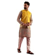 SOJANYA Men’s Cotton Silk Multi color Kurta & White Pyjama With Daman Embroidered Jacket