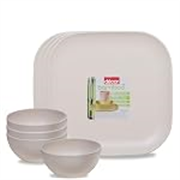 Decor EcoLite Bamboo Non Toxic Eco-Friendly Reusable 4 Small Plates and 4 Bowls Dinner Set for Couples (Natural White) – 8 Pieces