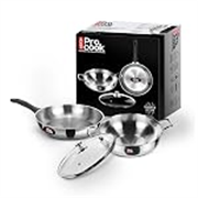 Milton Pro Cook Induction Cookware & Gas Stove Friendly Sandwich Bottom 3 Pc Cookware Set | Stainless Steel Kadhai & Fry Pan with Lid 22 cm | Deep Frying | Sauté | Scratch Resistant | 2Y Warranty