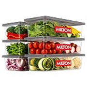 MILTON Cryo Fridge Storage Boxes Set of 6 Fridge Organizer Container with Waterproof Vinyl Stickers & Removable Drain Plate, Lid|Stackable Box, Plastic Containers 1500 ml|Fish, Vegetables, Fruits|Grey