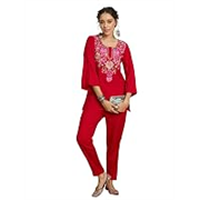Women Woollen Embroidered Round Neck Short Kurta With Pencil Pants