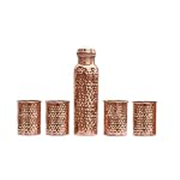 Signoraware Copper Bottle with 4 Glasses (900 Ml Bottle + 4 Glass 275 Ml) (Hammered), Set of 5