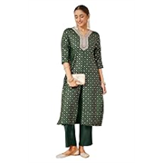 Janasya Women’s Maroon Chanderi Silk Embellished Gold Printed Front Slit Kurta Pant Set