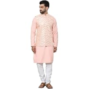 SOJANYA (Since 1958 Men’s Cotton Linen Maroon Kurta and White Pyjama with Mustard Cotton Nehru Jacket