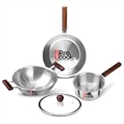 Milton Pro Cook Triply Stainless Steel 4 Pc Cookware Set | 24cm Kadai with Lid, 22cm Frypan, 16cm Tea Pan | Induction & Gas Compatible | Fast Heating | Sturdy Wooden Handle | 3-Year Warranty – Silver