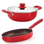 Nirlon Red Stone Induction and Gas Compatible Non Stick Aluminium 3 Piece Cookware Set {1 Fry Pan 240mm – 1.5 Liter|1 Kadhai 240mm – 3 Liter|1 Glass Lid}