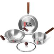 MILTON Procook Triply Stainless Steel 4pc with Wood Handle Saucepan Frypan Kadhai & lid Induction Bottom Cookware Set (Stainless Steel, 4 – Piece)
