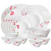 Larah by Borosil Fluted Series Diana Opalware Dinner Set | 27 Piece for Family of 6 | Microwave & Dishwasher Safe | Bone-Ash Free | Crockery Set for Dining & Gifting | Plates & Bowls | White