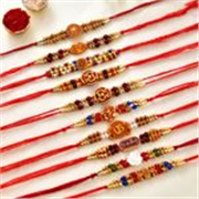 CraftVatika Religious RAKHI197 Mauli Thread, Pearl, Kundan Rakhi, Greeting Card Set (Multicolor Rakhi Combo Set of 10 for Brother with Greeting Card)