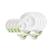 Larah by Borosil Green Herbs Opalware Dinner Set, 12 Pieces, White