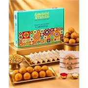 Hyperfoods® Rakhi Set for Brother and Bhabhi Rakhi With Sweets Kaju Katli Besan Laddoo Kachori Namkeen 700g Sweets Gift Pack Set of 3 Rakhis Rakshabandhan Gift Hamper for Brother with Roli & Chawal Milhai Gift Pack