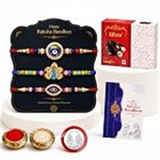 Oblivion Rakhi with Chocolate for Brother – BRO Charm, Peacock & Evil Eye Design Rakhi Combo with Chocolate Magic 32gm, Silver Color Pooja Coin, Greeting Card & Tilak Set (K3_1018+1066+1007_EM32)