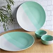 The Earth Store Handcrafted Tritone Green Matte 4 Piece Ceramic Dinner Set, 2 Full Dinner Plates, 2 Vegetable Bowls, | Microwave & Dishwasher Safe | Ceramic Plate | Katori