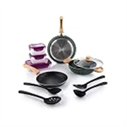 Crystal Aluminum 11 Pcs Non Stick Cookware Set with Induction Bottom | Tawa, Fry Pan, Kadhai with Lid, 4 Serving Spoons, 3 Containers | 4 Layer Non Stick Coating | PFOA Free | Green