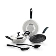 Crystal Aluminum 6 Pcs Non Stick Cookware Set | Gas Stove Friendly | Tawa, Fry Pan, Kadhai with Lid, Laddle & Spatula | Durable 4 Layer Non Stick Coating | PFOA Free | White