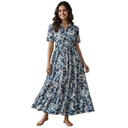 Bollyclues Women’s Crepe Fabric Printed Maxi Dress for Women| Lightweight, Breathable & Flowy | Short Sleeve Button-Down Casual Dress with Waist Tie | Stylish Summer & Vacation Wear