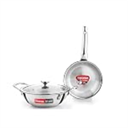 Crystal TriPro Triply Stainless Steel 3 Pcs Cookware Set | Kadai 22cm with Glass Lid and Frypan 18cm | Less Oil Use, Healthy Cooking – Induction Bottom