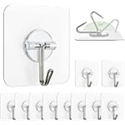 Pack of 10 Self Adhesive Wall Hooks Heavy Duty Transparent, No Drill Waterproof Sticky Hooks for Bathroom Kitchen, Strong Stainless Steel Wall Hangers for Towels, Keys