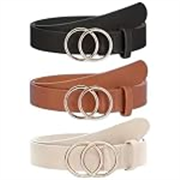 Women’s Belt with Double Ring Buckle, Faux Leather, Black Brown Beige, 3 Pack
