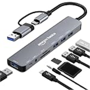 Amazon Basics 8-in-1 USB Hub with Dual Plug (USB-A & USB-C), USB 3.0, 3 x USB 2.0, USB-C 2.1, SD/TF Card Reader & 3.5mm Audio Jack, 18 cm Cable (Grey)
