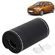 KINGSWAY® PU Leatherite Car Steering Cover Sewable Compatible with Ford Figo (Year 2014-2021), Black Color with Silver Thread, Pack of 1 with Sewing Needle and Thread
