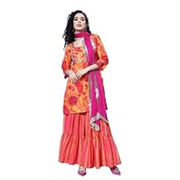 Varanga Women Yellow Abstract Printed Straight Kurta Paired With Sharara And Dupatta