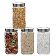 SIMPARTE Glass Jar 2000 ml Transparent Barni for Kitchen, Aachar Pickle, Dry Fruits, Masala, Spices, Grocery, Grains Clear Storage Container with Silver See-Through Cap (Set of 4)