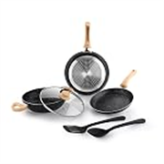 Crystal Aluminum 6 Pcs Non Stick Cookware Set with Induction Bottom | Tawa, Fry Pan, Kadhai with Lid, Laddle & Spatula | Durable 4 Layer Non Stick Coating | PFOA Free | Black