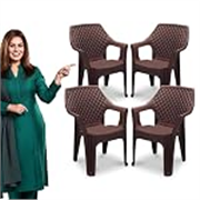 MAHARAJA Plastic Chair Set, Chair for Living Room, Home, Plastic Chair for Home with Arm Rest/Modern Stylish Design with Glossy & Matte Finish Bearing Capacity 200Kg. (Brown, Pack of 4)