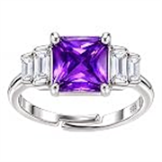 KYAT 925 Sterling Silver Adjustable Ring for Women | Square Princess Cut Purple Amethyst Zircon Stone | Baguette CZ Side Stones | Valentine Gift, Birthday Gift for Girls | Free Size Ring