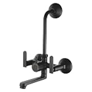 NEW WARE® Matte Black Wall Mounted Bathroom Faucet | Hot & Cold Water Mixer Tap with Double Cross Handles, Multi-Flow Spout, Wall Flange & Heavy Duty Brass Body for Bathroom Wash Basin | Modern Home