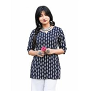 Pinkmint Women’s Printed Cotton Blend Short Kurti | 3/4 Sleeve Straight Style | Casual Ethnic Top for Women