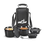 Milton Pro Munch Tiffin (3 Microwave Safe Inner Steel Containers,180/320/450/100ml; 1 Plastic Chutney Dabba; Steel Spoon) with Insulated Fabric Bag, Black, Leak Proof, Odour Proof, Easy to Carry