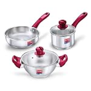Prestige Stainless Steel 3 Pc Cookware Set with 2 Glass Lids | Platina Popular | Fry Pan 22cm/1.9L | Kadai 22cm/2.25L | Sauce Pan 16cm/1.5L | Gas & Induction Compatible |TRIPLY Base |5Y Warranty |ISI