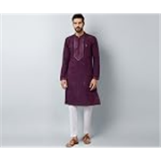 See Designs Men’s Long Sleeve Mandarin Collar Side Slit Off-White Embroidered Chanderi Silk Straight Kurta