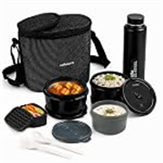 CELLO Munch Mate Lunch Box with Bag for Office Use Black | 375ml x 2 Microwave Safe Containers, 300ml + 175ml Plastic Containers, 800ml Water Bottle with Fork & Spoon, Airtight Tiffin Box for Travel