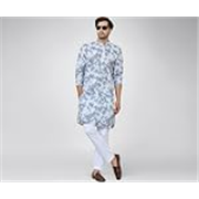 See Designs Men’s Full Sleeve Mandarin Collar Tie & Dye Printed & Embroidered Cotton Straight Kurta