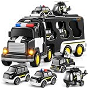 5 in 1 Friction Powered Police Truck Toy Car Set for Boy 3-10 Years Transport Vehicle Montessori Carrier Educational Light Music Pullback 1 Monster Truck 4 Mini Helicopter Taxi Playset Gift