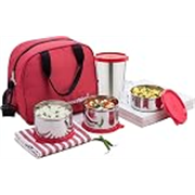 Signoraware Sling Stainless Steel Lunch Box with Steel tumbler (500ml, 500ml, 350ml, 370ml, Red) – Set of 4