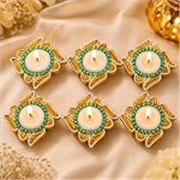 Flux Global Decorative Wax Diya Candles, Traditional Indian Diya Style with Green and Gold Decorative Flower Design for Diwali, Pooja, Festivals and Home Decoration(Pack of 6)